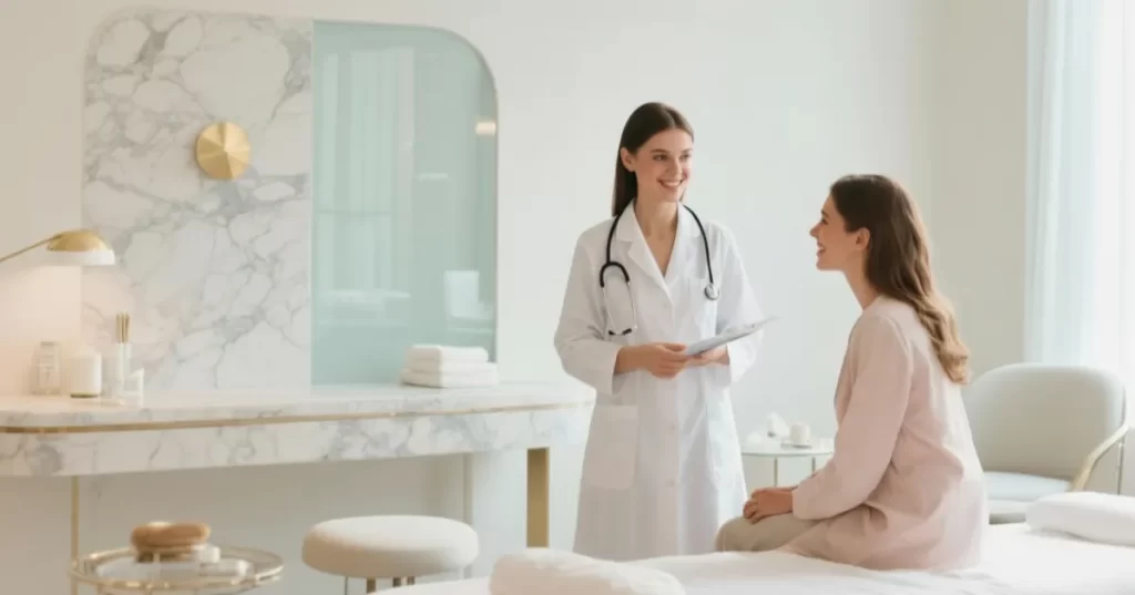 Doctor consulting with a patient in a serene medical spa setting, emphasizing personalized care and support for weight loss journeys at SkinBody Medspa.