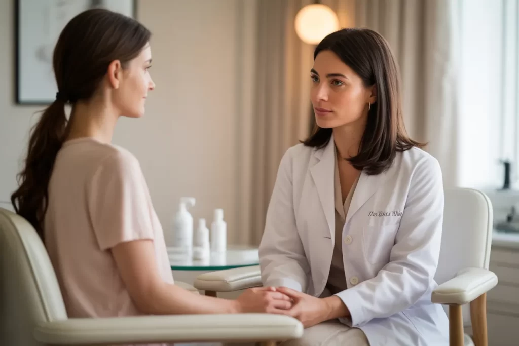 Patient consulting with physician in medical spa setting, discussing personalized weight loss program and metabolic health.