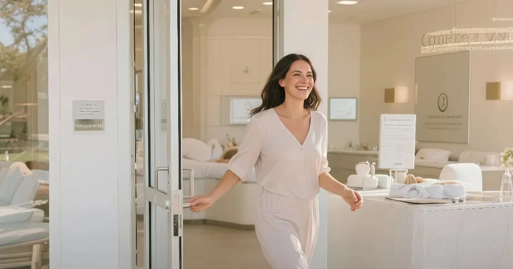 Smiling woman in light attire entering a medical spa, embodying wellness and transformation, reflecting SkinBody Medspa's focus on personalized health and weight loss solutions.