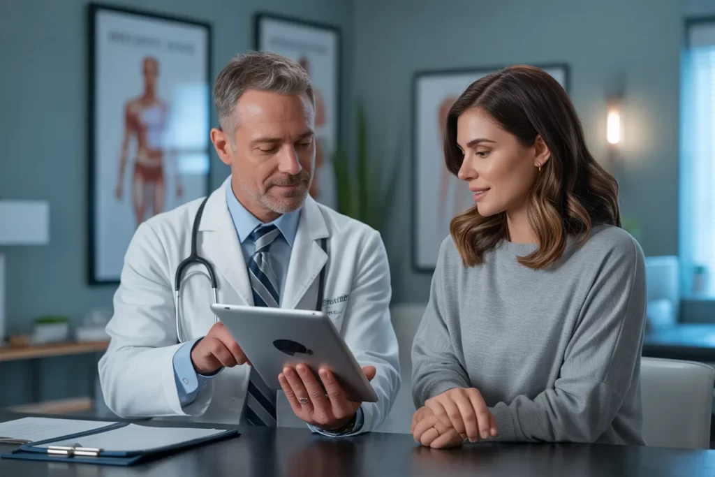 Doctor discussing personalized weight loss plan with patient using a tablet in a medical office setting.