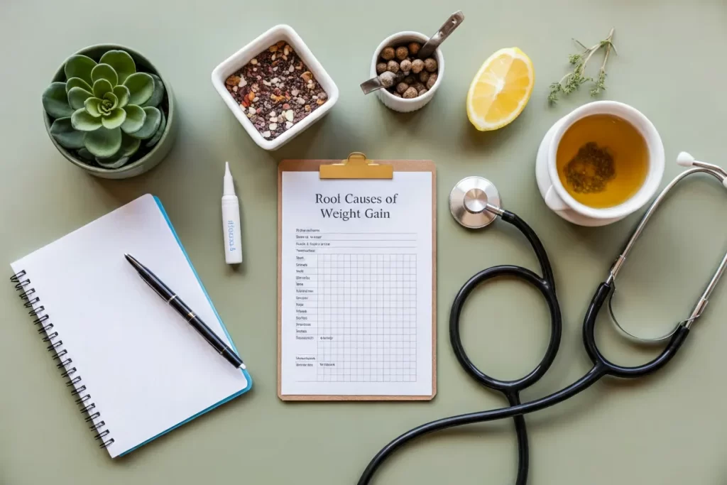Clipboard titled "Root Causes of Weight Gain" with a stethoscope, notepad, pen, herbal tea, lemon, and various spices, symbolizing a holistic approach to medical weight loss at SkinBody Medspa.