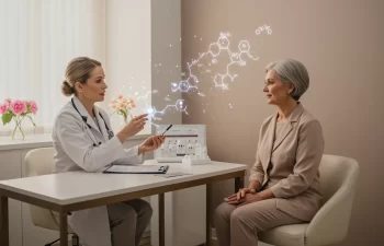 Doctor consulting with older woman in medical spa, discussing hormone therapy and wellness, with visual representation of molecular structure.