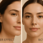 Woman's face split into two halves, showcasing the effects of filler on one side and Botox on the other, highlighting aesthetic treatment options relevant to medical wellness and beauty.