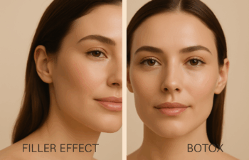 Woman's face split into two sections, showcasing filler effect on the left and Botox effect on the right, highlighting cosmetic treatment differences relevant to aesthetic goals.