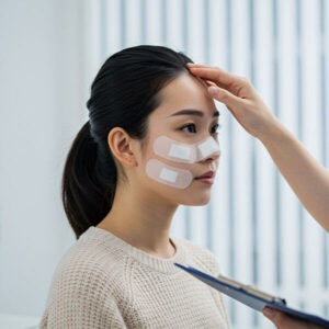 Woman receiving facial treatment with patches on her face, in a clinical setting, reflecting the personalized wellness services offered at Skin & Body Med Spa.