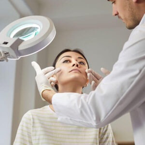 Facial treatment consultation at Skin & Body Med Spa, expert clinician assessing patient&rsquo;s skin with magnifying lamp and gloves, emphasizing personalized wellness journey.