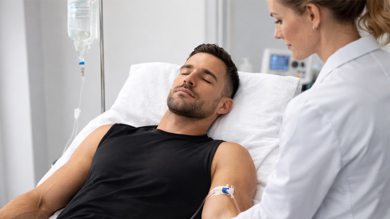 Man receiving NAD+ shot in medical setting, supported by healthcare professional, emphasizing wellness and recovery for athletes in the Athlete Elite program.