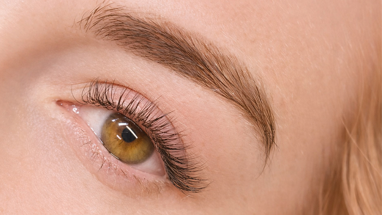 Close-up of a woman's eye showcasing beautifully lifted and tinted eyelashes alongside well-groomed eyebrows, emphasizing beauty enhancement services offered by Skin & Body Medical + Wellness Spa.