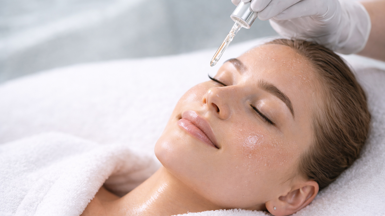 Woman receiving a facial treatment with a dropper, highlighting skincare services at Skin & Body Medical + Wellness Spa.